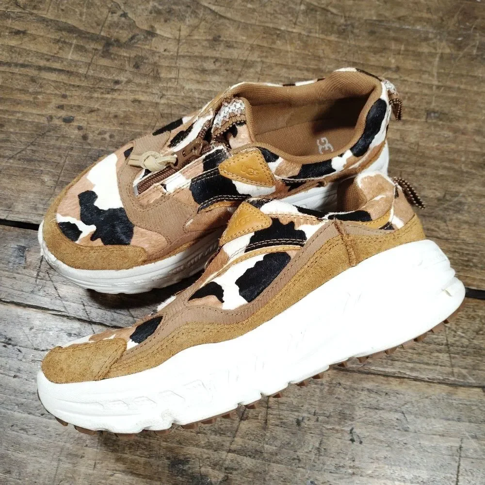 Ugg Sneakers 7.5 Cow Print 1120717 Brown Black Cream Zip Shoes Platform Suede